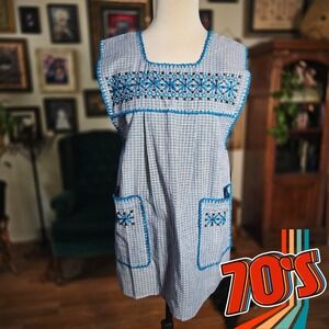 Vintage 70s Blue Plaid Embroidered Smock Apron Dress Folk Cottagecore Pocket